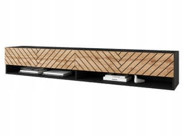 TV omarica 180 cm, MDF fronte v obliki ribje kosti, brez ročajev, črna z LED osvetlitvijo