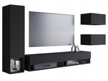 Stenska omarica s 4-delnim visečim TV setom 180 cm, steber, 2 omarici, mat črna z LED osvetlitvijo