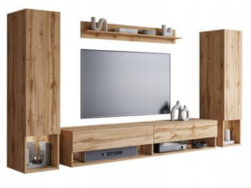 Viseči set za dnevno sobo, 2 stebra, TV omarica 180 cm, polica, mat hrast, Wotan, z LED osvetlitvijo