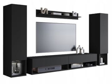 Viseči set za dnevno sobo, 2 stebra, TV omarica, 180 cm, polica, mat črna z LED osvetlitvijo