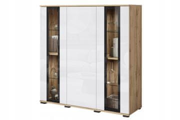 Moderna, visoka vitrina 120 cm z Wotan/sijajno belo zasteklitvijo in LED osvetlitvijo