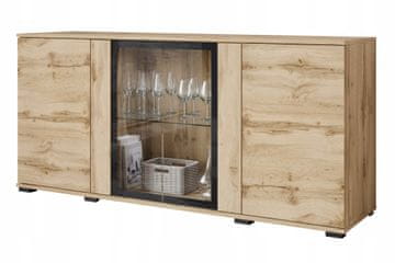 150 cm komoda za dnevno sobo, moderna vitrina s steklenimi ploščami, Wotan in LED