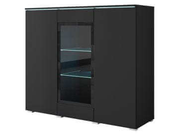 Moderna, visoka vitrina za dnevno sobo, 120 cm, 3-vratna, s črnim mat steklom