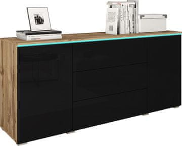 Moderna komoda 150 cm, 3 predali, 2 omarici, Wotan črni sijaj