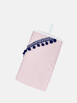 Kopalni plašč 100x100, kolekcija Boho, temno modra, s cofki, pudrasto roza