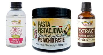 Royal Brand Komplet za baskovsko sirovo torto: izvleček, pistacijeva pasta z barvilom, organska rožna voda