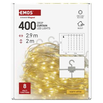 Emos LED božična drop veriga – zavesa, 2,9x2 m, zunanja in notranja, topla bela, programi