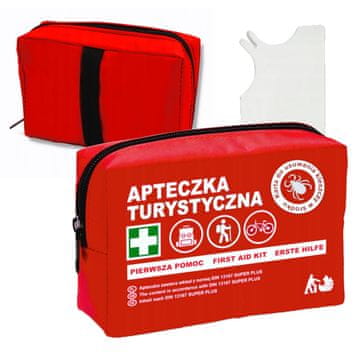Komplet prve pomoči za potovanja po standardu DIN 13167 TOURIST s pripomočki za prvo pomoč in kartico za odstranjevanje klopov, 1 kos.