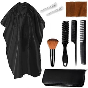 GEPARD Frizerski set 8 kosov: frizerski plašč + krtača za vrat + frizerski glavniki + dvojni prirezovalnik + dve kovinski sponki + etui + krpa