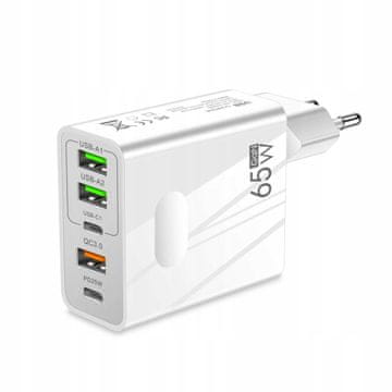 5-v-1 PentaXPower USB polnilnik, Type-C 65W GaN, QC 3.0, 2x Type-C PD, bel