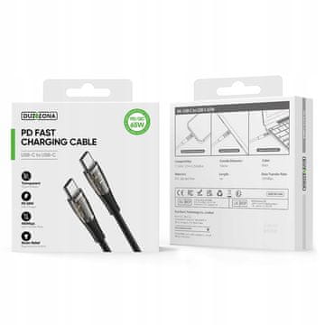 Kabel USB-C na USB-C 65W PD QC3.0 1m za hitro polnjenje, najlon, siv, DUZZONA
