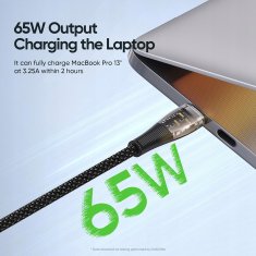 Kabel USB-C na USB-C 65W PD QC3.0 1m za hitro polnjenje, najlon, siv, DUZZONA