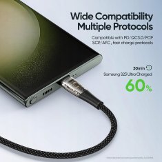 Kabel USB-C na USB-C 65W PD QC3.0 1m za hitro polnjenje, najlon, siv, DUZZONA