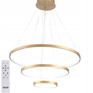 DE STROPNA SVETILKA S 3 OBROČI, ZLATA VISEČA LED LESTENCA + DALJINSKI UPRAVLJALNIK 88W 20/40/60cm