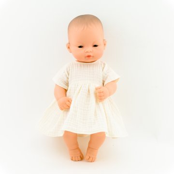Vanilijeva obleka iz muslina za punčki Miniland 32 cm in Minikane 28 cm