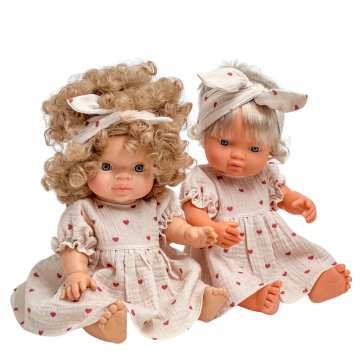 Obleka z naglavnim trakom za punčko Miniland 38 cm, Minikane 34 cm, srčki