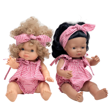 Poletni kombinezon z naglavnim trakom za punčke 34-38 cm, roza karo Miniland, Minikane, Paola Reina, Mini Colettos