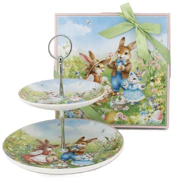 Stojalo za velikonočne torte, 2 nivoja, velikonočni zajčki, porcelan + embalaža