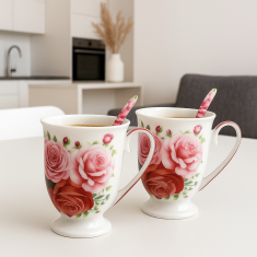 Porcelanaste skodelice, velike, komplet 2 x 300 ml, v škatli, darilo, kolekcija Rose