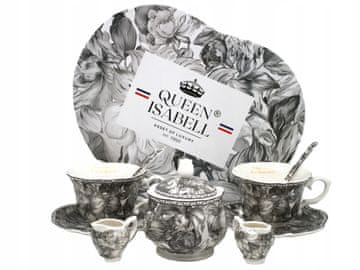 Komplet porcelanastih skodelic s sladkornico in posodicami za smetano, kolekcija Gray Rose