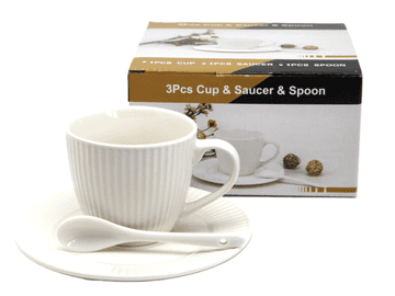Porcelanasta skodelica s krožnikom in žličko 210 ml v škatli, kot darilo