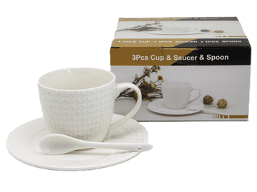 Porcelanasta skodelica s krožnikom in žličko 210 ml v škatli, kot darilo