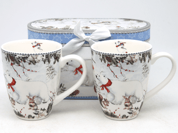 Porcelanaste skodelice, 2 kosa - zimski vzorec z medvedkom + božična darilna škatlica