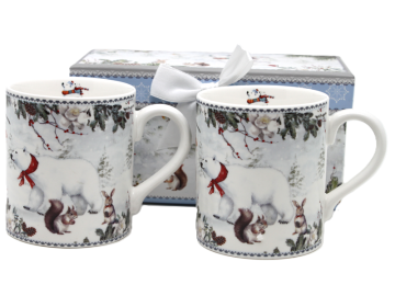 Porcelanaste skodelice 250 ml komplet 2 zimskih medvedkov v darilni škatli