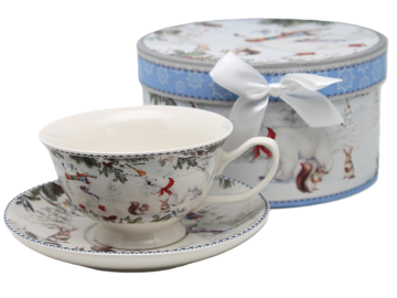 Božična porcelanasta skodelica 220 ml s krožnikom v okrasni škatli