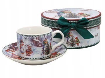 Porcelanasta skodelica s krožnikom 120 ml božično darilo zimska vas