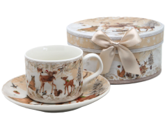 Porcelanasta skodelica in krožnik v škatli - Zimski gozd, Jelen, Božič