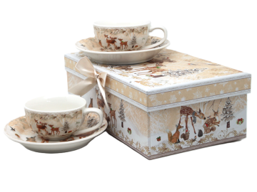 Porcelanaste skodelice, 2 kosa v škatli - Zimski gozd, Jelen kot darilo