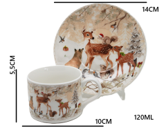 Porcelanasta skodelica in krožnik v škatli - Zimski gozd, Jelen, Božič