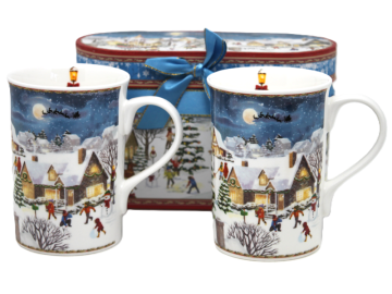 Porcelanaste skodelice 320 ml, komplet 2 kosov Zimska vas v darilni škatli