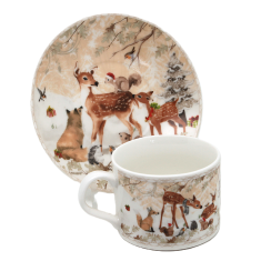 Porcelanasta skodelica in krožnik v škatli - Zimski gozd, Jelen, Božič