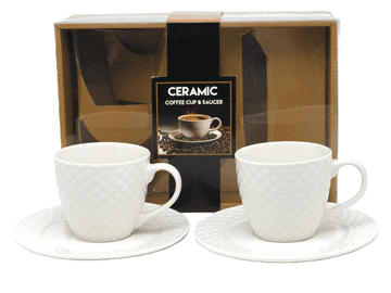 Komplet 2 skodelic iz belega porcelana s krožnikom, 210 ml, 2 kosa v škatli