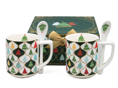 Porcelanaste skodelice z žličkami v obliki božičnega drevesca, 2 kosa v okrasni škatli