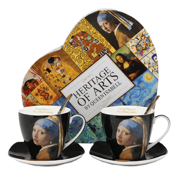 Porcelanaste skodelice 250 ml s krožniki - 2 kosa Vermeer Dekle z bisernim uhanom