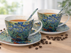 Porcelanaste skodelice s krožniki, 2 kosa. Van Goghove perunike, 250 ml, kot darilo