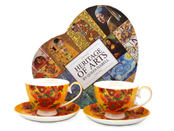 2 porcelanasti skodelici in krožniku z motivom Van Goghovih sončnic kot darilo