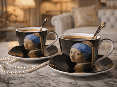 Porcelanaste skodelice 250 ml s krožniki - 2 kosa Vermeer Dekle z bisernim uhanom