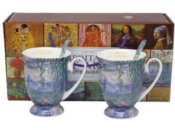Porcelanaste skodelice 300 ml 2 kosa z žličkama Monet Lokvanji kot darilo