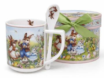 Porcelanasta skodelica z žličko 320 ml, darilna škatla z velikonočnimi zajčki