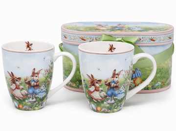 Komplet 2 porcelanastih skodelic 360 ml v darilni škatli z velikonočnim zajčkom