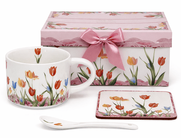 Porcelanasta skodelica z motivom tulipana 280 ml z žličko in podstavkom, idealna za darilo
