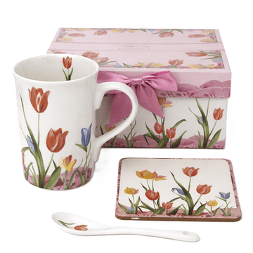 Porcelanasta skodelica z motivom tulipana 320 ml z žličko in podstavkom, idealna za darilo