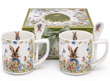 Komplet 2 porcelanastih skodelic z žlicami, velikonočna darilna škatla