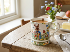 Porcelanasta skodelica 350 ml, darilna škatla z velikonočnimi rožicami