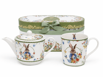 Komplet vrčkov iz porcelana in velikonočnega zajčka, darilna škatla