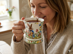 Porcelanasta skodelica 350 ml, darilna škatla z velikonočnimi rožicami